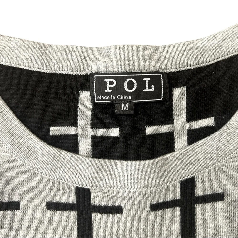 POL Cotton Long Sleeve Pullover Crewneck Sweater Gray Black Size Medium - Picture 2 of 9